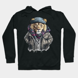 Lion wearing a jackets hat and a scarf Hoodie